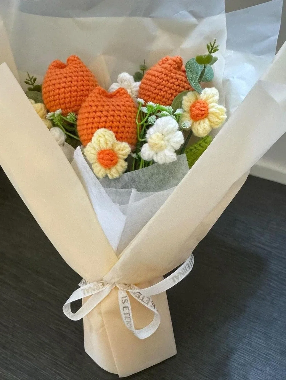 Fake Tulip Bouquet, Cream Tissue Wrapped, Non Wilting Flowers, Crochet Home